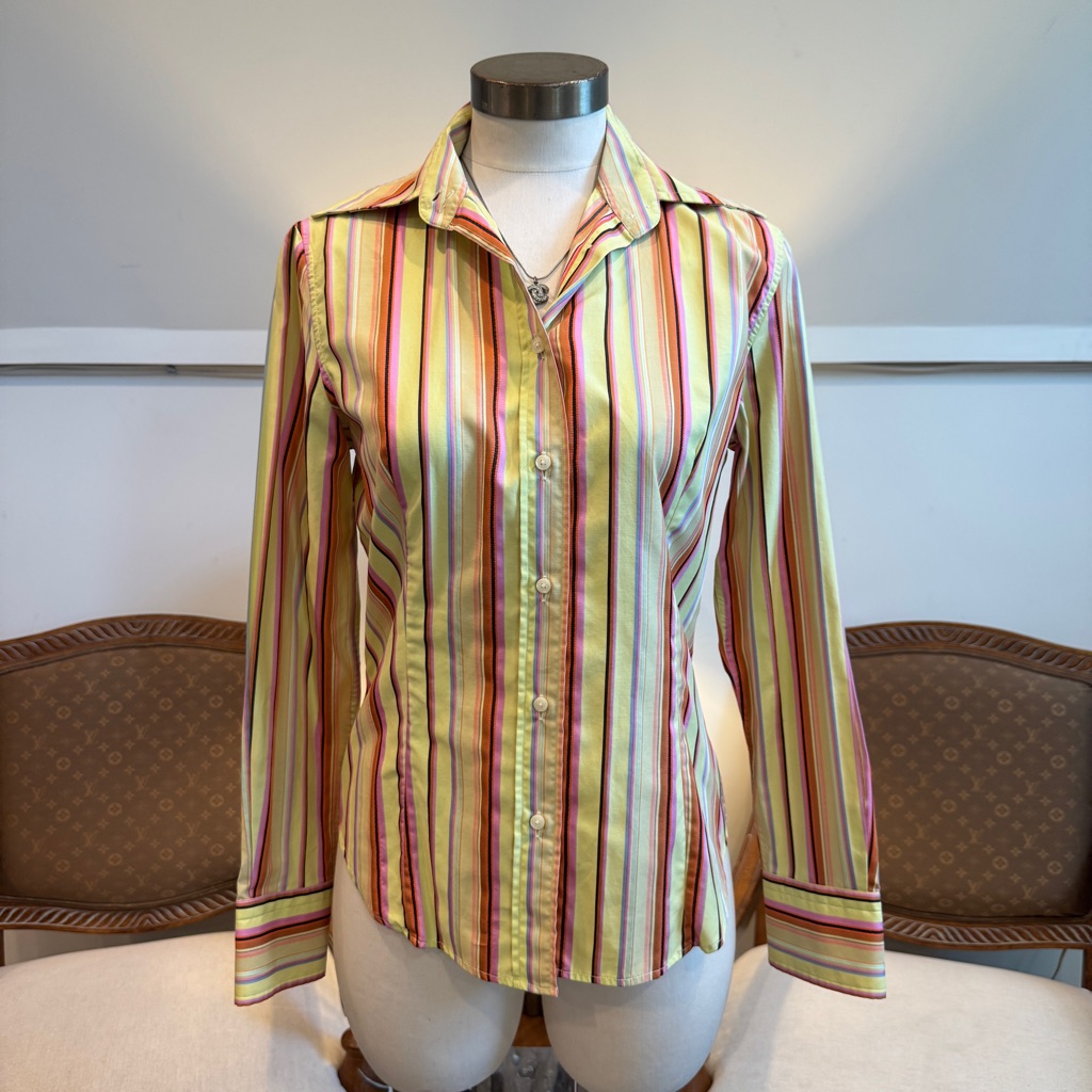 Vintage 00s Etro Milano Womens Striped Colorful Button Down Shirt, Made In Italy